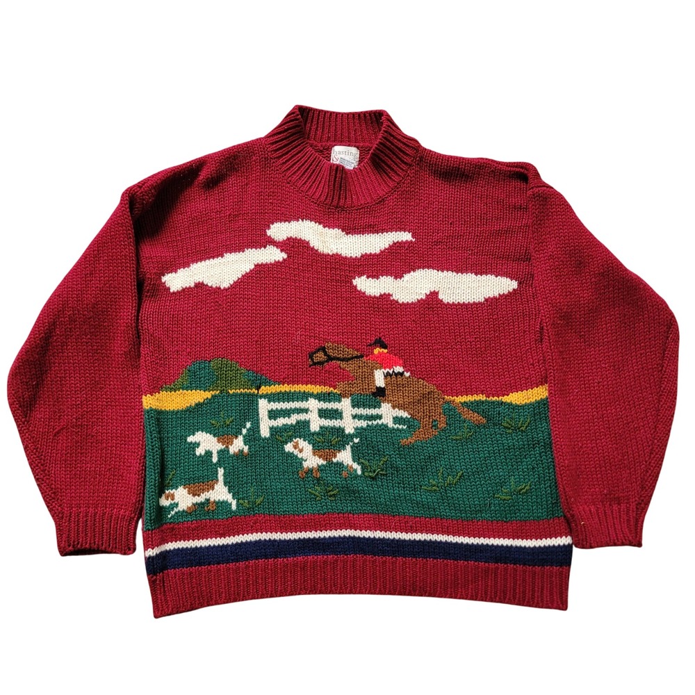Hasting & Smith Womens L Sweater Red Equestrian Horse Hunt‎ Scene Mock Neck Knit